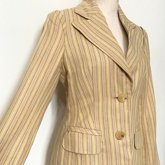 ESCADA LINEN BLEND BEIGE BLACK YELLOW STRIPED PEAK LAPEL MID-LENGTH BLAZER - 4 - Picture 4 of 12